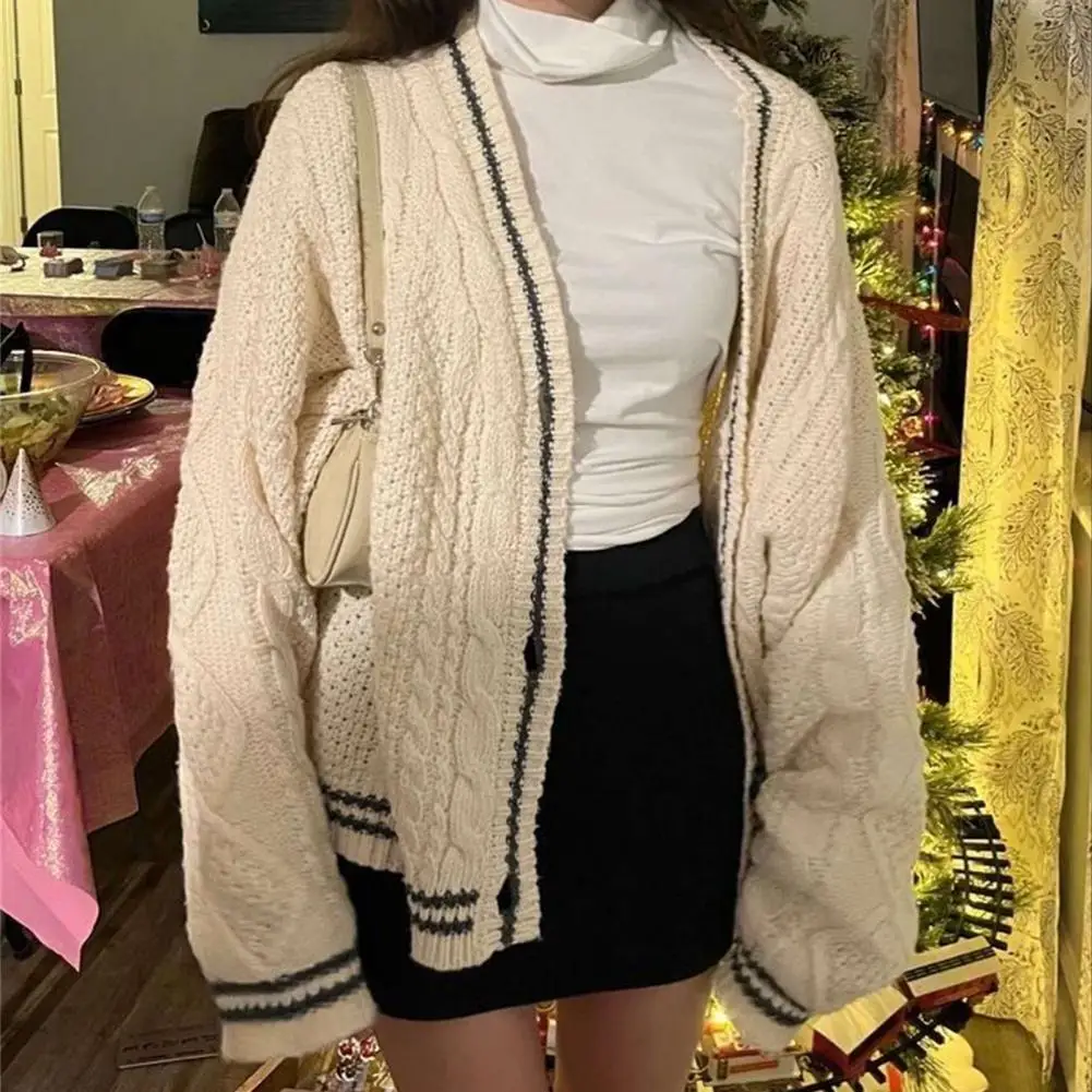 

Sweater Coat Chic Striped Knitwear Coats for Women V-neck Star Print Single-breasted Outwear for Autumn Winter Seasons Winter