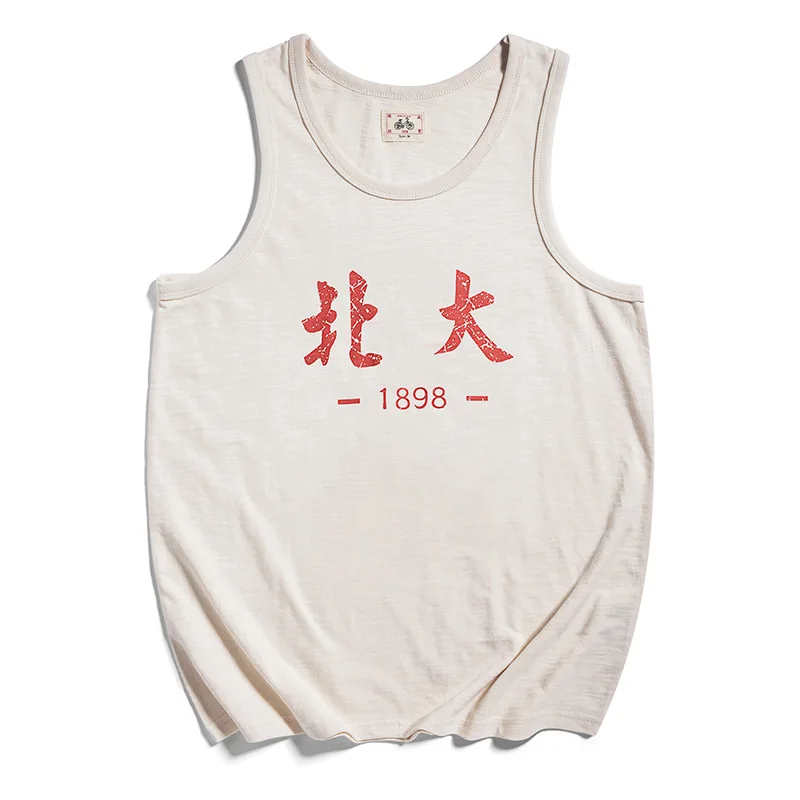 

Summer Men's Slub Cotton Vest 1898 Vintage Pecking University Chinese Print Loose Casual Sport Gym Waistcoats School Retro Tanks