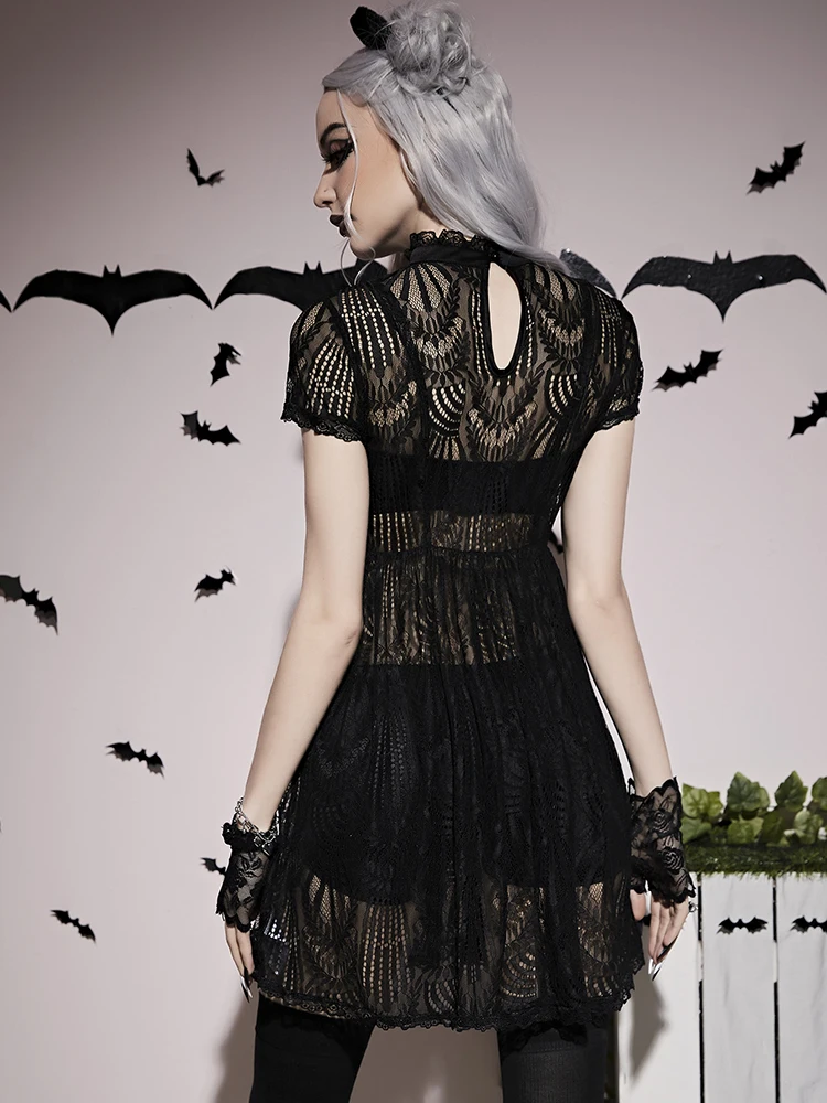 Goth Dark Lace See Through Sexy Mall Gothic Women Dresses Grunge A-line Black Mock Neck Mini Dress Punk Summer Party Alt Clothes