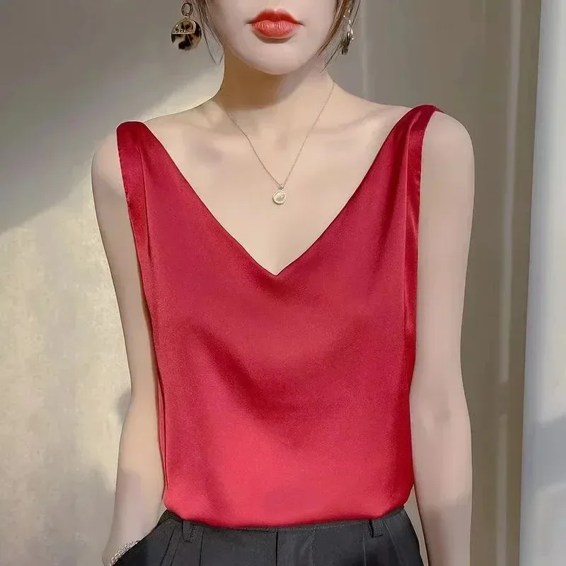 Camiseta Sin Mangas Para Mujer 2025 - Cuello En V, Tejido Tipo Seda/satén, Verano, Básica, Para Leggings O Vaqueros