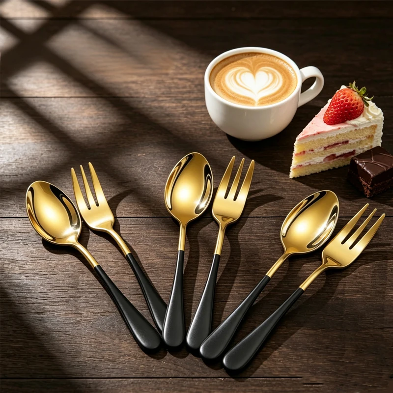Ensemble de 8/12/16 pièces de couverts en acier inoxydable 1010 pour dessert, couleur or et noir, simple et élégant, pour café, dessert et fruits.