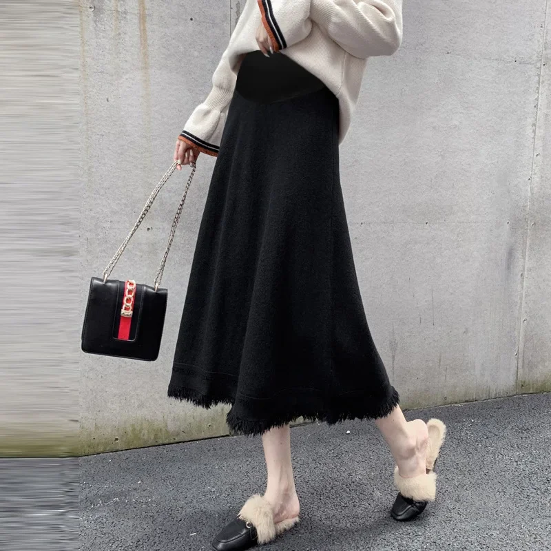 Maternity Knitted Long A- Line Skirt Autumn Winter Tassel Trim Loose Slimming Outerwear Fashionable Maternity Dress