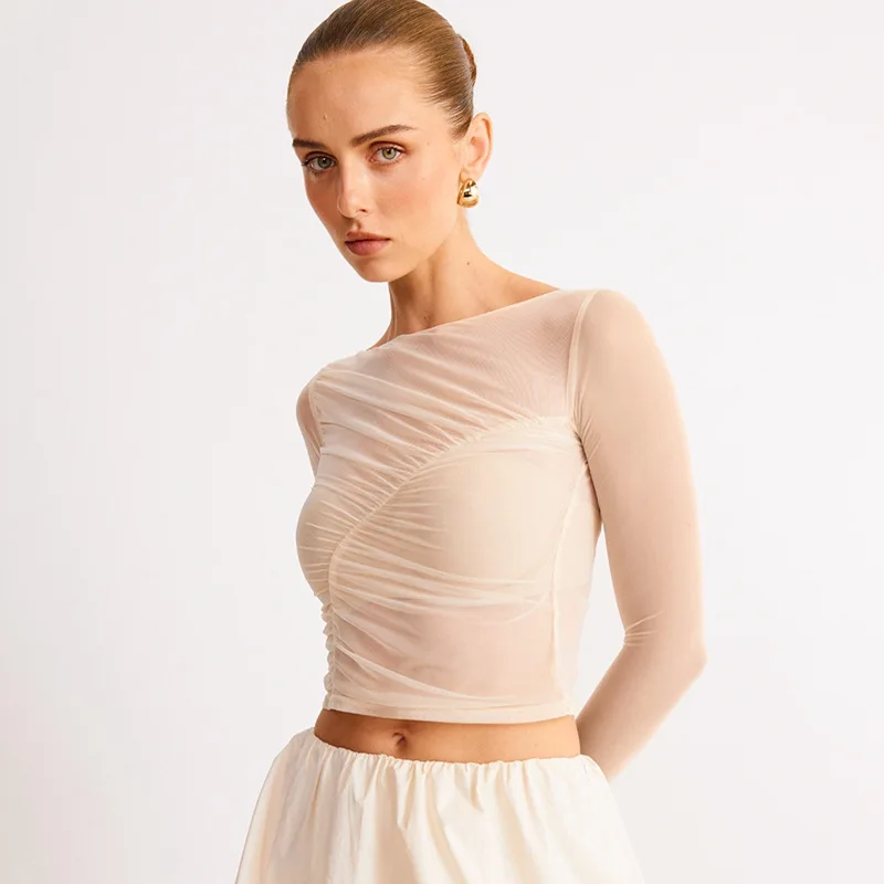 Summer See-Through Mesh T-shirt Top Women Pleated Patchwork See-Through Slim Cropped Top Tee Female Solid T-shirt Pullover