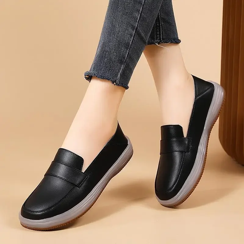 

Spring and Autumn Moccasins Women's Single-Layer Shoes Genuine Leather Flat Middle-Aged Mom Shoes Soft Bottom Non-Slip Women's