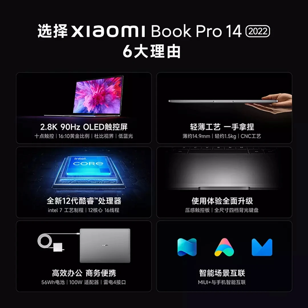 Xiaomi Mi Book Laptop Pro 14 2022 Intel i7-1260P/i5-1240P RTX2050 16G RAM  512G/1TB SSD 14Inch 2.8K OLED Touch Screen Notebook PC