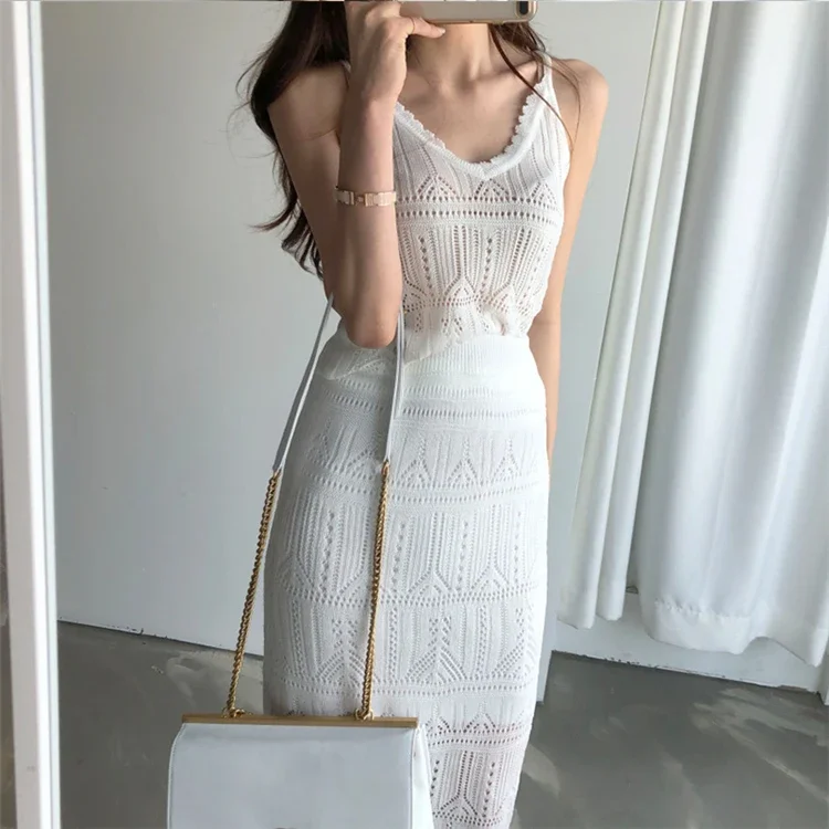 Korean Summer Two Piece Set Women Sexy Hollow Out Knitted Vest Matching Long Skirt High Waist Elegant Slim Fit Suits Female