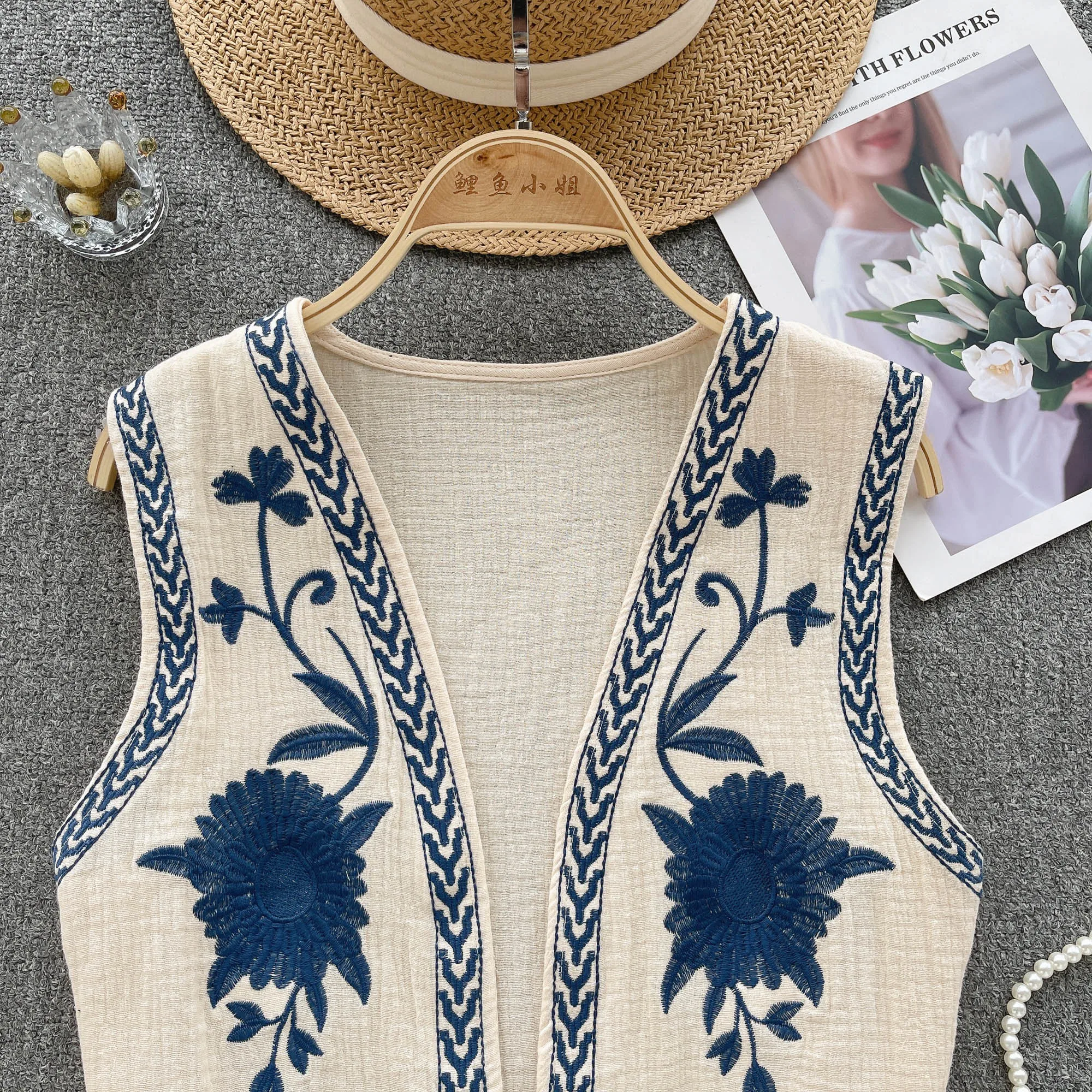 Vintage Floral Embroidery Cardigan Vest Women 2023 Summer