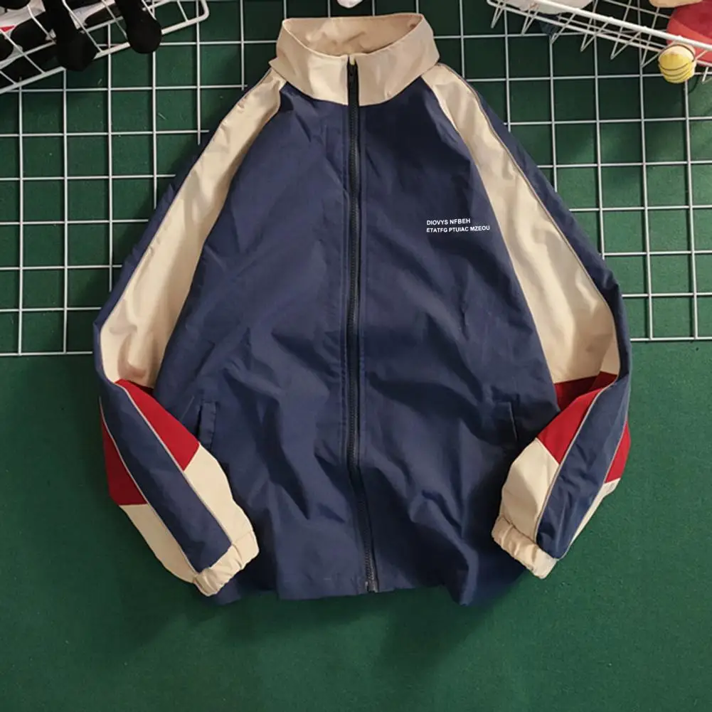 

Men Jacket Color Block Men Baseball Coat Stand Collar Men Vintage Coat Windproof Mens Varsity Jacket Streetwear Spring Fall Coat