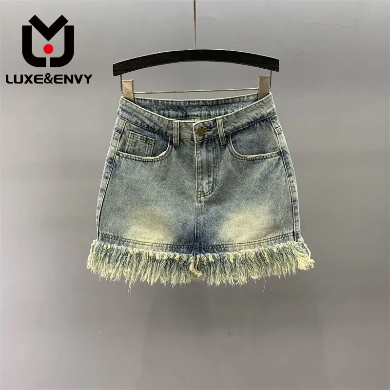 

LUXE&ENVY High Waist Denim Short Skirt Women 2023 Summer New Design Feeling: Edge Tassel A-line Buttocks Wrapped Skirt