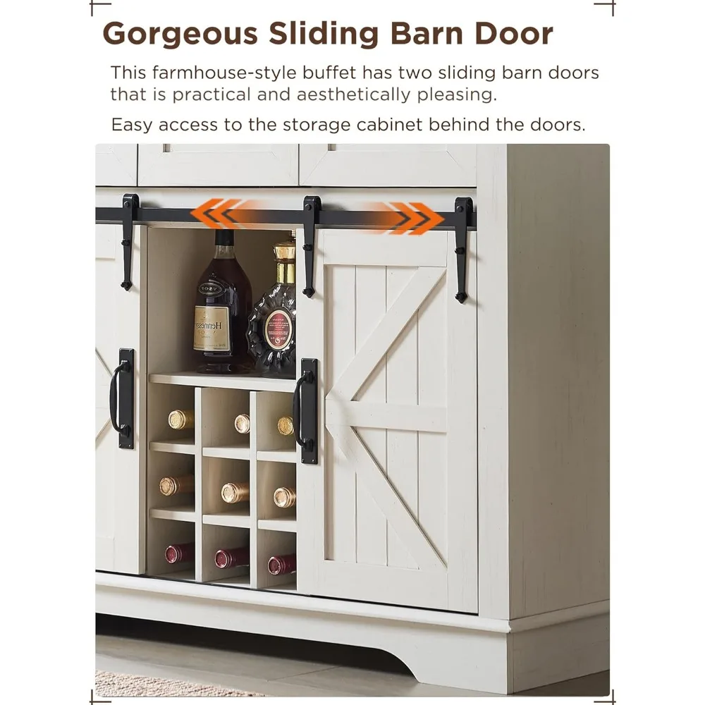 72" Farmhosue Bar Cabinet with Sliding Barn Door, Large Kitchen Buffet with Hutch W/Wine & Glasses Rack, 3 Drawers