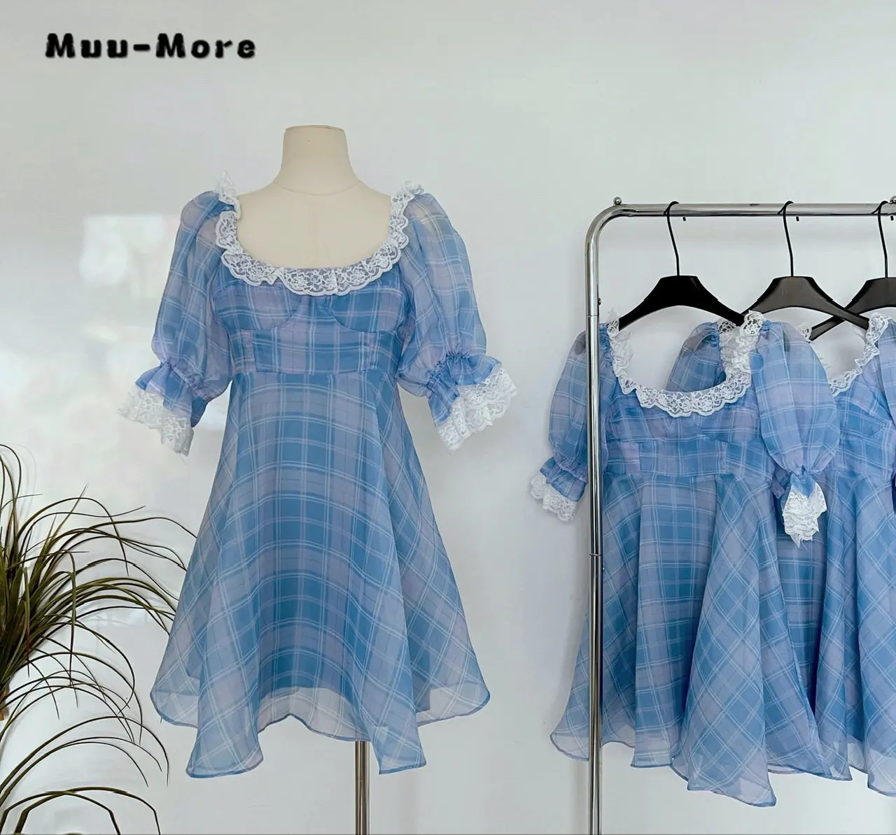 

2023 Summer Sweet Puff Sleeve Plaid Print Square Collar Mini Dresses Women's Kawaii Chiffon A-Line High Waist Loose Dress