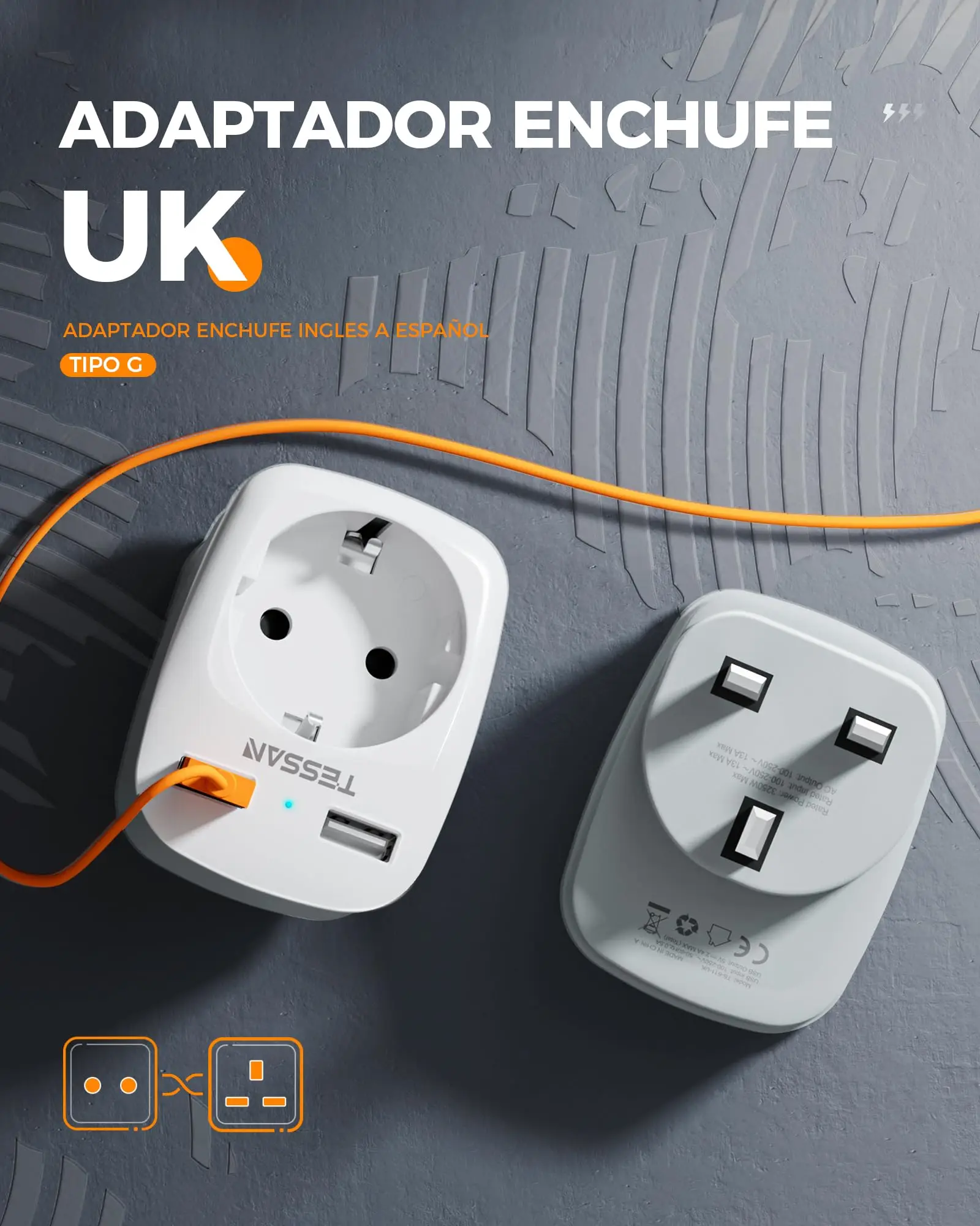 Plug Adapter Wall Socket Extender TESSAN European to UK Travel Portable with 1 Outlet +2 USB Ports Type G Plug England