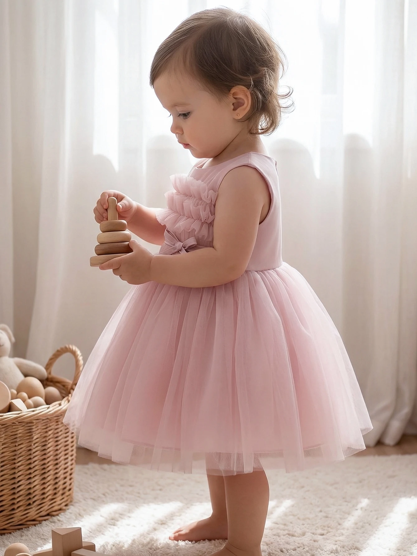 Elegant Pink Floral Baby Dress with Tulle & Matching Hairband