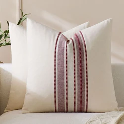 Elegant Striped Farmhouse Throw Pillow Covers - Soft Woven Cushion Covers for Bed, Sofa, and Living Room (Wine Red)