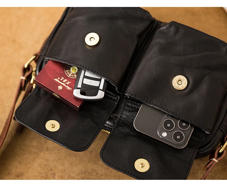 Lässige handgefertigte Herren-Umhängetasche aus pflanzlich gegerbtem Leder mit mehreren Taschen, modische Wochenendparty-Umhängetasche aus echtem Leder – Detail 13