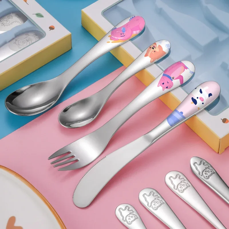

Children's Cutlery Knife Fork and Spoon Set Animal Cartoon 304 Stainless Steel Baked Flower Craft Gift Box Cute