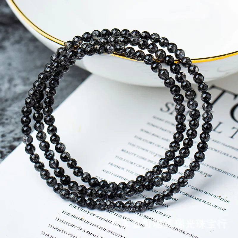 

5a Black Hair Crystal Multi-Circle Bracelet Natural Ice Permeable Body Full of Ore Full of Hair Three Rings