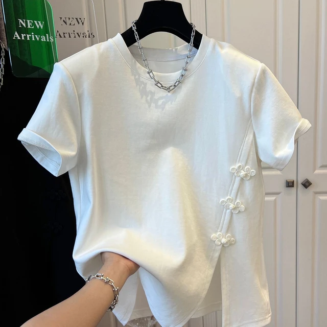 Camiseta de algodón con botones delanteros inclinados para mujer, chaqueta informal que combina con todo, estampado pesado, irregular, Retro, novedad de verano - Image 3