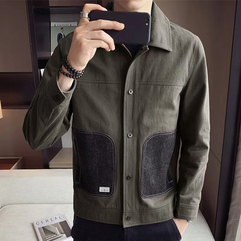 Fashion Lapel Spliced Pockets Printed Letter Coats Men's Clothing 2023 Autumn New Oversized Casual Tops Loose Korean Jackets