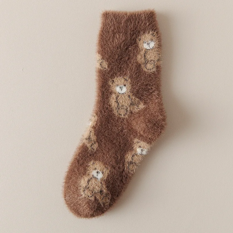 Damensocken, Cartoon-süße kleine Bären-Socken mit mittlerer Wade, verdickt für Herbst und Winter, warme Slouch-Socken aus Wolle, Socken im neuen Stil – Detail 8