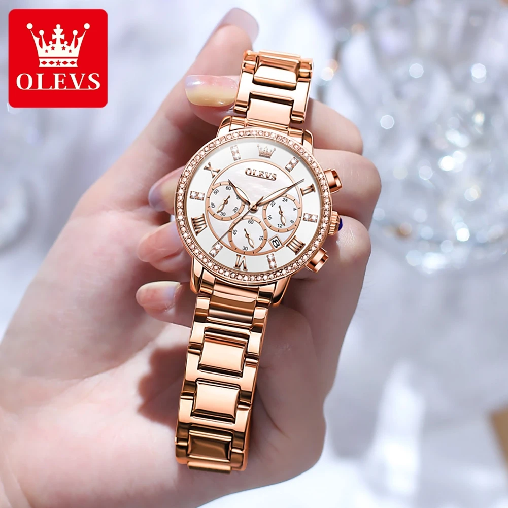 OLEVS Quartz Watch for Women Luxury Rose Gold Dial Stainless Steel Luminous Waterproof Elegant Women's Wristwatches Reloj Mujer