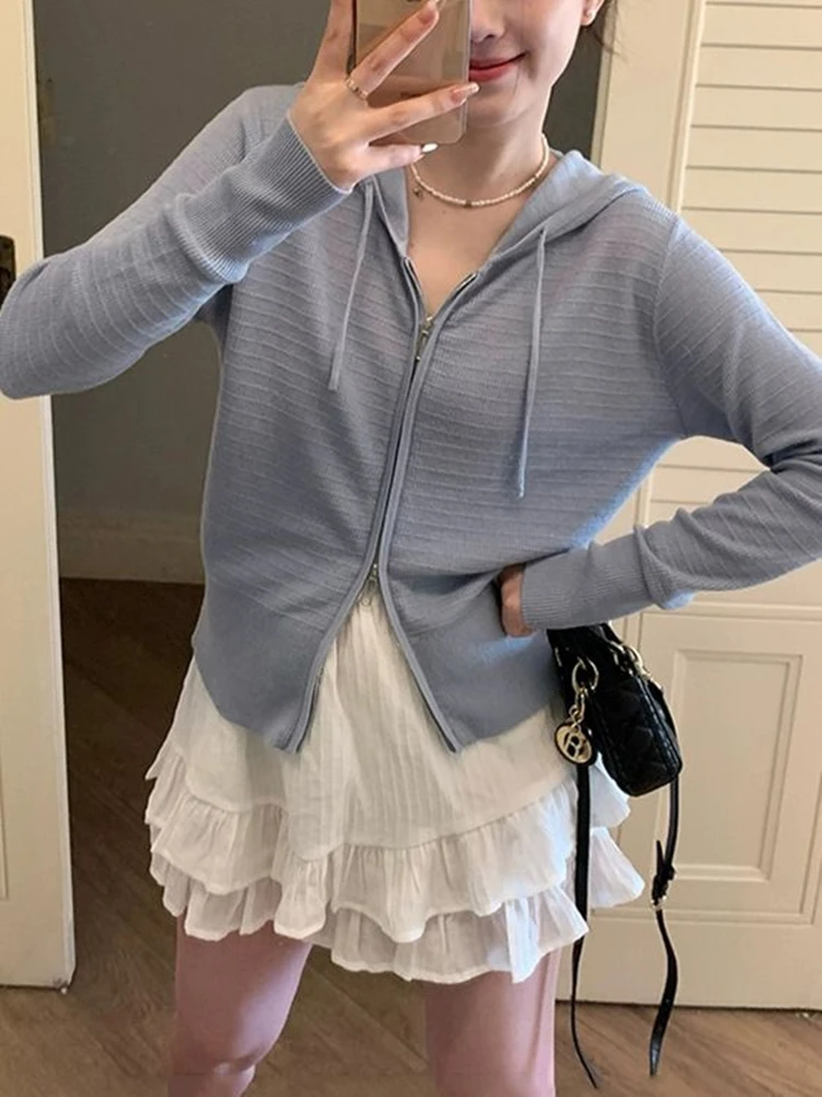 

Double Zippered Drawstring Hooded Wool Knit Cardigan With Women's Autumn/winter Cashmere Hoodie Sweater As a Base Sweater