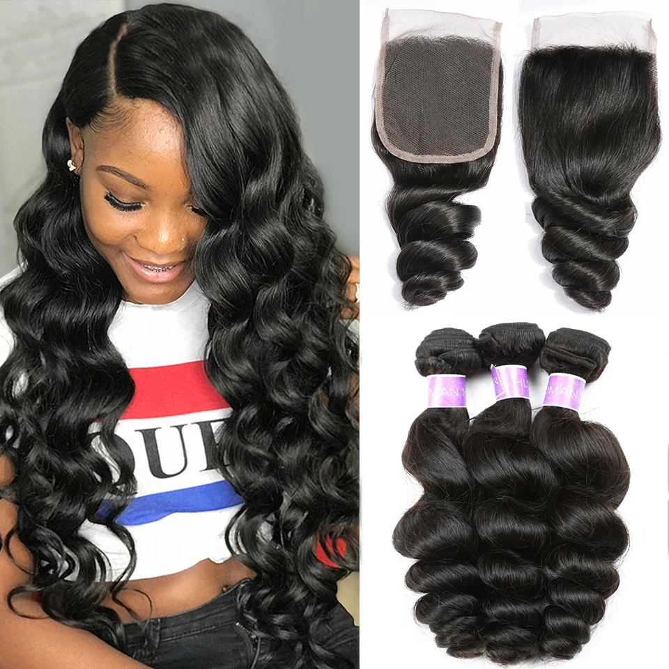 

Cranberry Hair Brazilian Loose Wave Bundles With Closure 4 Pcs/Lot Free Middle Three Part Remy Human Hair 3 Bundles With Closure