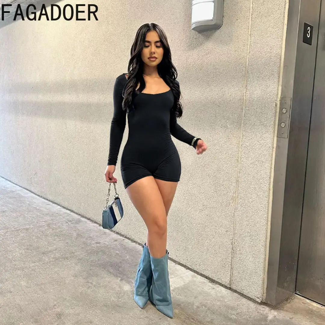 FAGADOER Black Bodycon Rompers Fitness Women Long Sleeve Back Hollow Out Sporty Casual Skinny Activity Streetwear Workout Wear