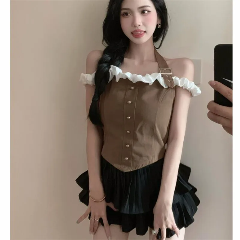 

Y2K Chic 2024 новый летний модный комплект из 2 предметов с рюшами воротником-лодочкой маленький топ и плиссированная мини-юбка комплекты из 2 предметов