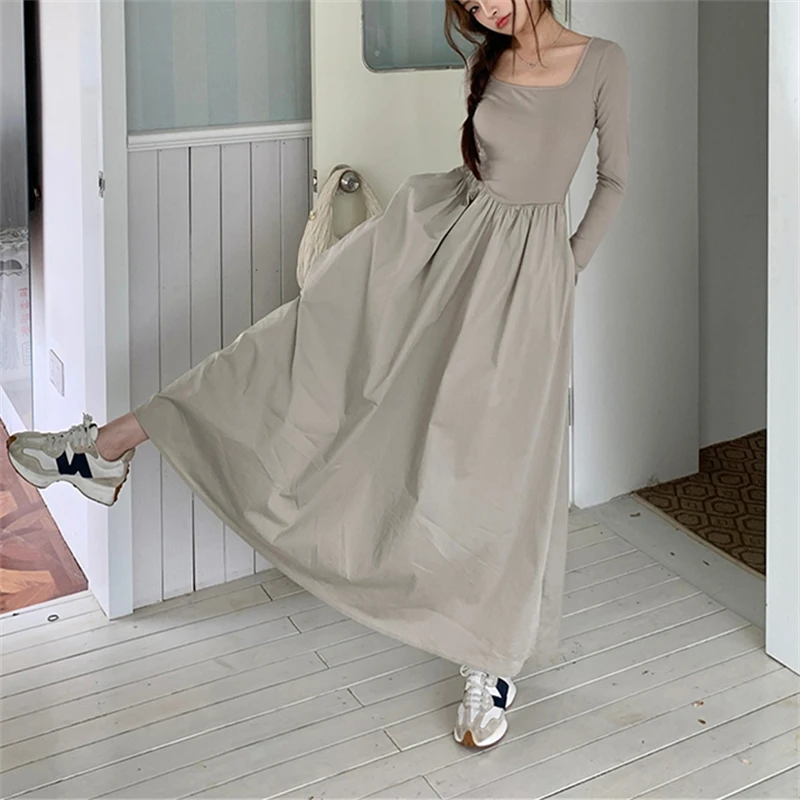 

Women's Patchwork Square Neck Black Mid-calf Long Sleeve Dress Spring Autumn New Slim Fit Female Fashion Solid A-line Long Dress