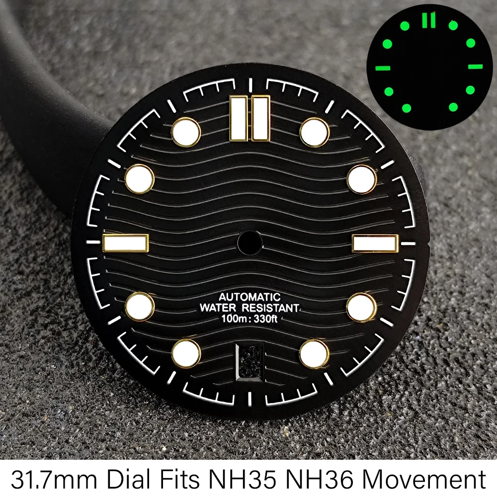 Premium Wave Texture Watch Dial, 31.7mm, Black/Green/Blue with Green Luminous - Watch Accessories Parts