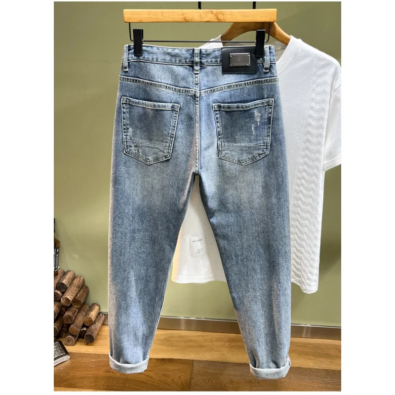 2024 new trend splicing plaque fashion high-end retro tight stretch slim personality MEN'S biker cool handsome jeans