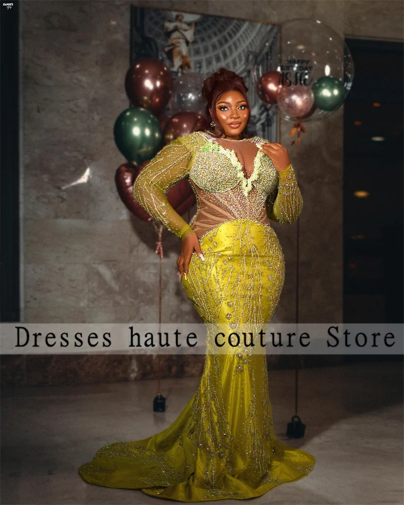 

Aso Ebi Green Beaded Lace Long Sleeves Mermaid Evening Dresses Plus Size African Party Dress Nigerian Formal Prom Dress