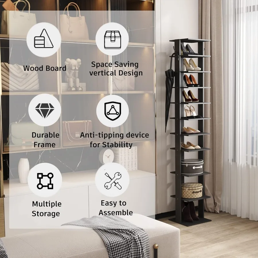 10Tier Vertical Shoe Rack Corner Shoe Tower Slim Shoe Organizer with Two Hanging Hooks Wooden Shoe Storage Stand for Entryway H