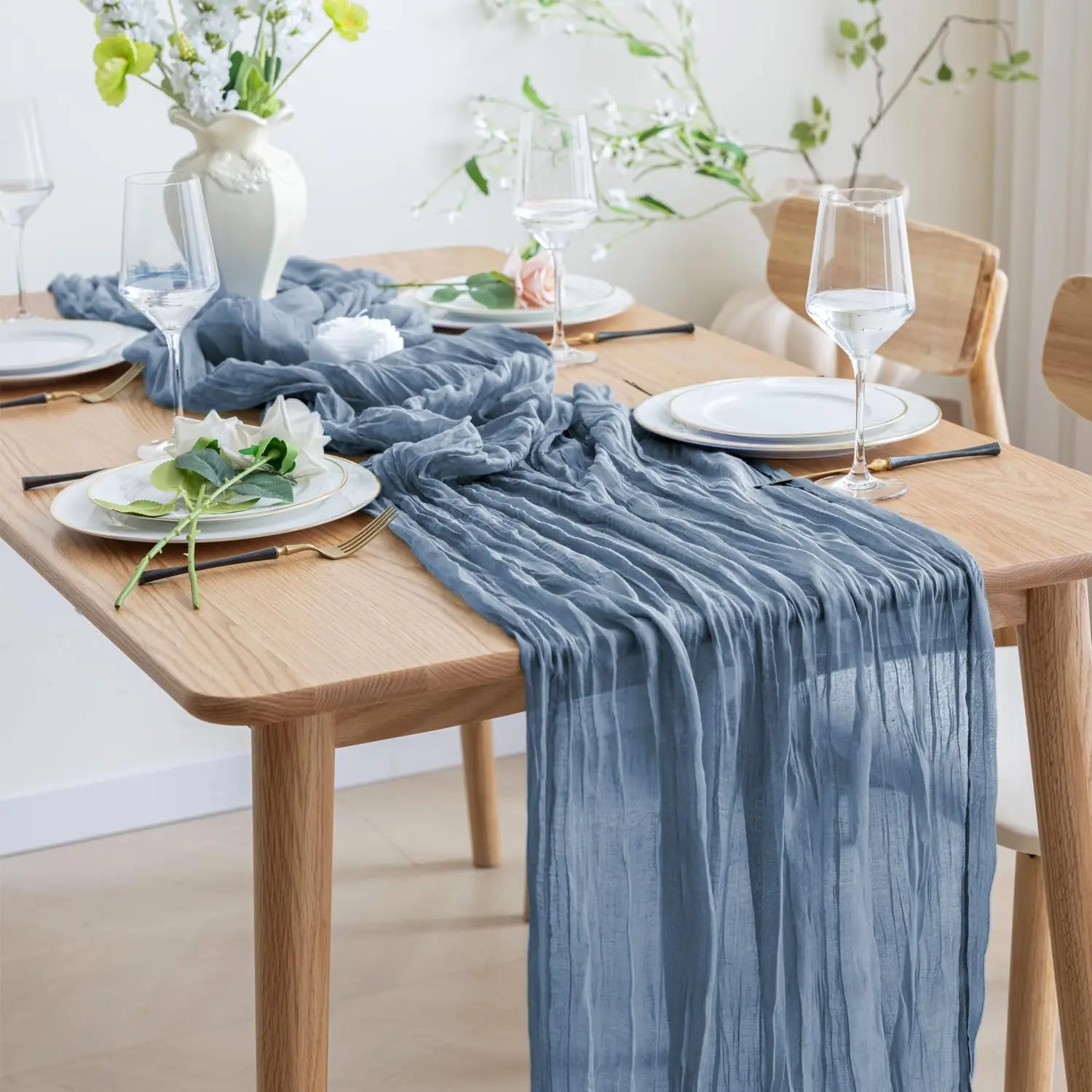 

Dusty Blue Semi-Sheer Wedding Table Runner Gauze Cheesecloth Table Setting Dining Wedding Party Christmas Arches Cake Decor