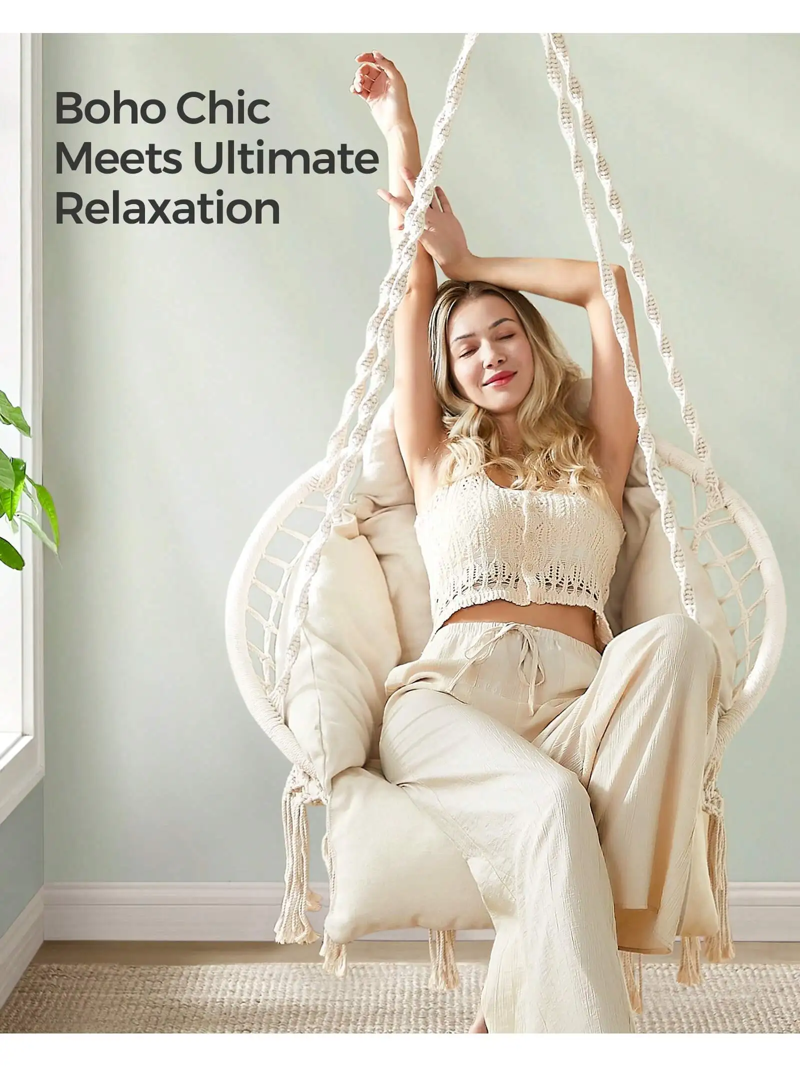 SONGMICS Hanging Chair, Hammock Chair with Large, Thick Cushion, Boho Swing Chair for Bedroom, Patio, Balcony, Garden 5