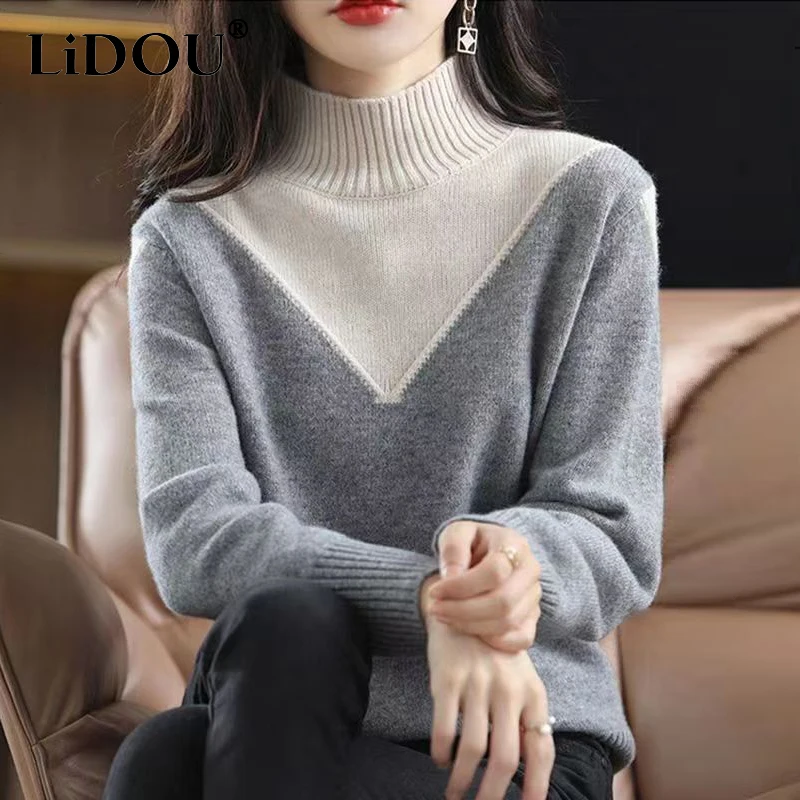 

Autumn Winter Half High Collar Contrast Color Bottoming Sweater Ladies Loose Casual Fashion Patchwork Knitted Top Women Jumpers