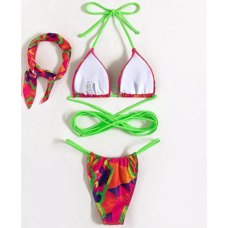 Halter Printed With Hairband Bikini 2024 Female Swimsuit Women Swimwear Three-pieces Bikini set Bather Bathing Suit Swim Lady