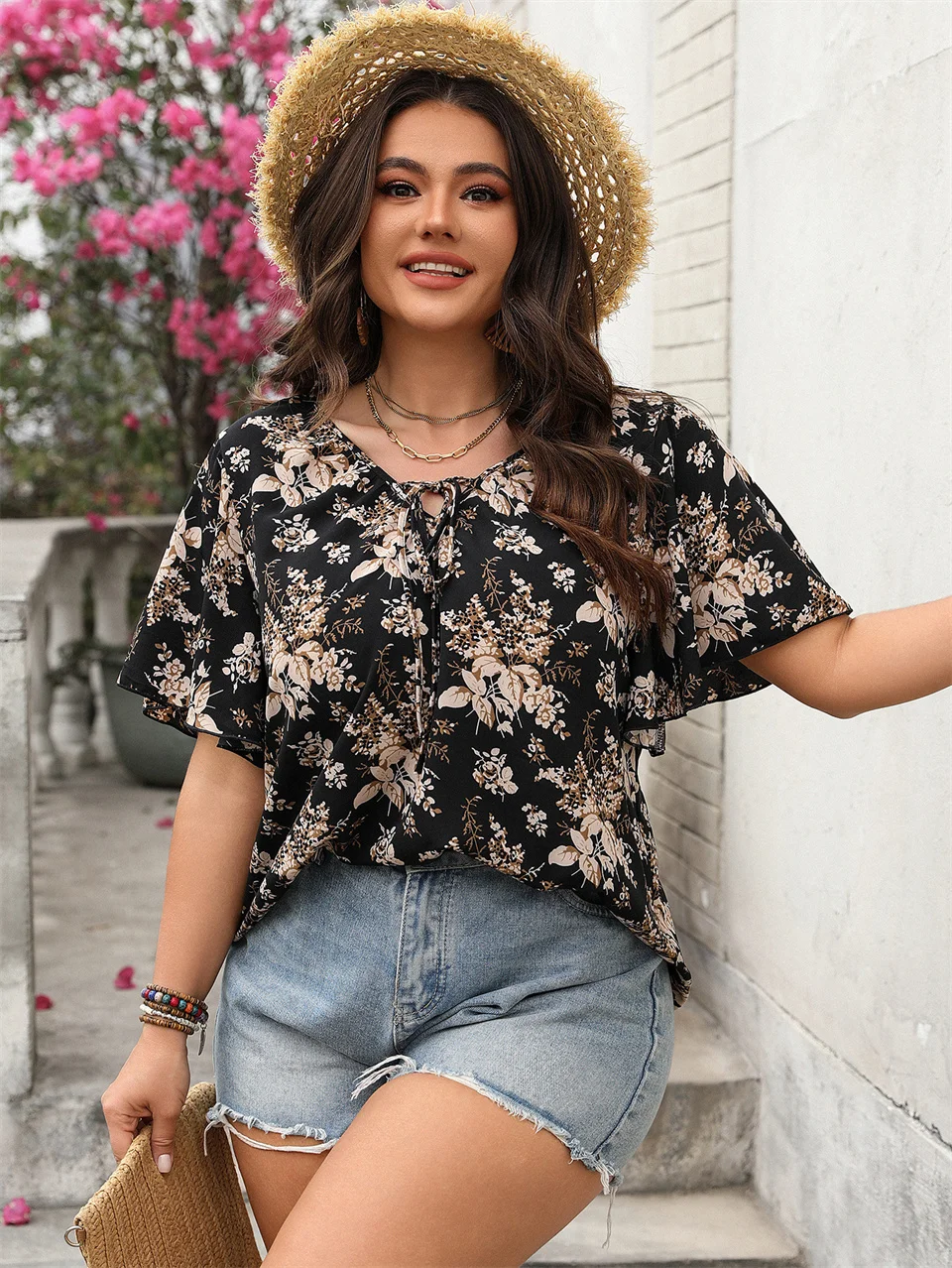 Plus Size 2025 New Boho Floral Tie Neck Blouse Summer Butterfly Sleeve Casual Loose Top JKP7338