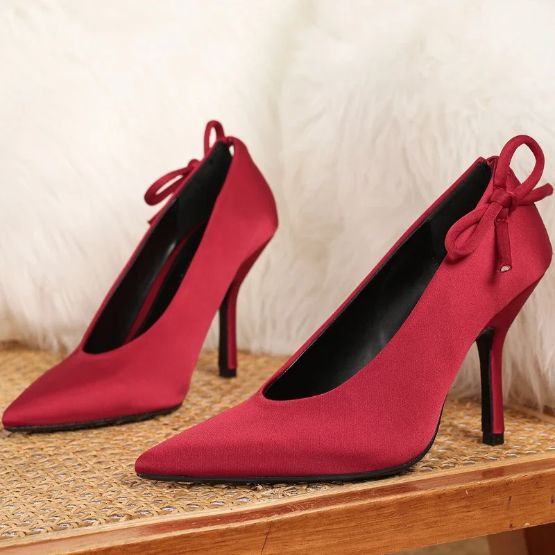 Elegant Red Satin Bow Pumps Women Fashion Pointed Toe Shallow Thin Heel Brand Designer Shoes Comfort Wedding Bridal Dress Shoes 4 Elegant Red Satin Bow Pumps Women Fashion Pointed Toe Shallow Thin Heel Brand Designer Shoes Comfort Wedding Bridal Dress Shoes - Image 4
