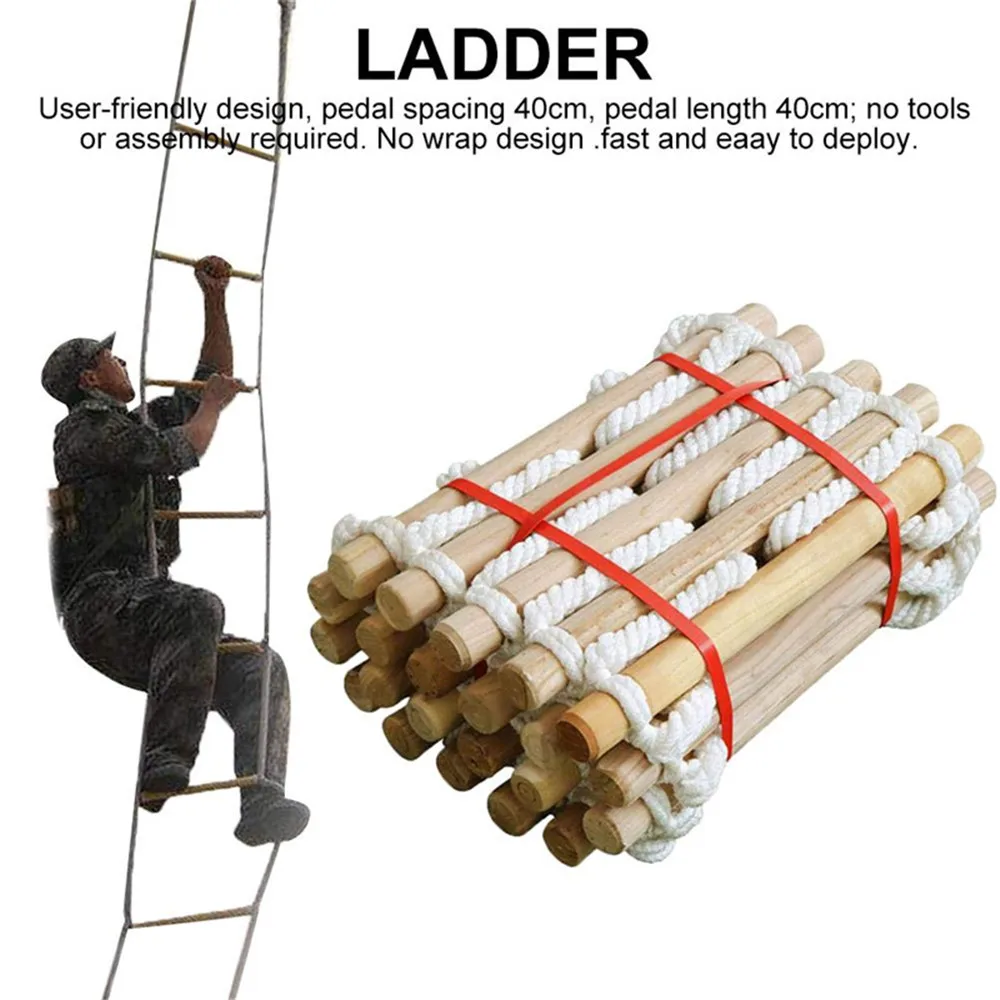 Wooden Rope Ladder Home Lifeline Outdoor Round Soft Steps Escape Ladder Fire Rescue Home Climbing Rungs 3M 5m