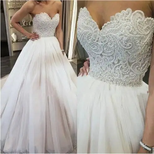 

Ball Gown White Ivory Tulle Sweetheart Pearls Wedding Dresses for Bride 2022 Marriage Customer Made Plus Size