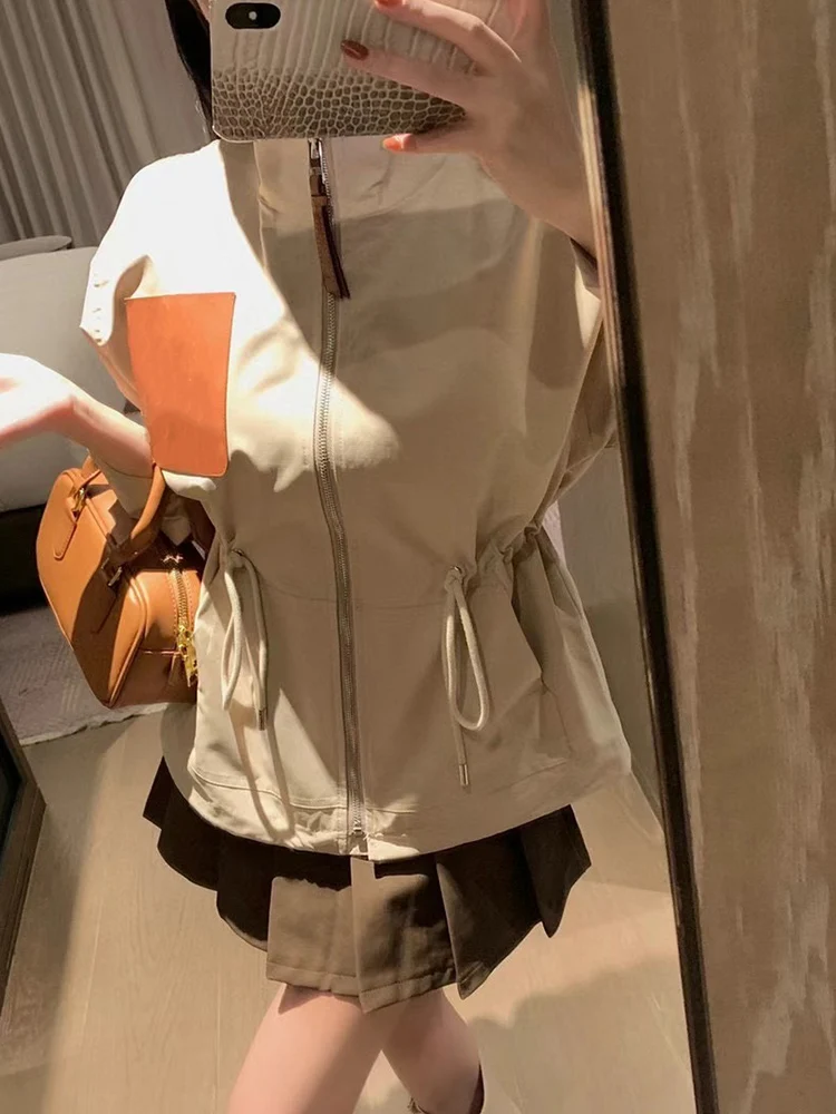 

In early autumn of 2023, the new long-sleeved drawstring waist design zipper top stand collar leather pocket windbreaker loose c