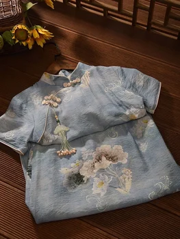 Blue Summer Print Slim Long Cheongsam - Vintage Daily Qipao