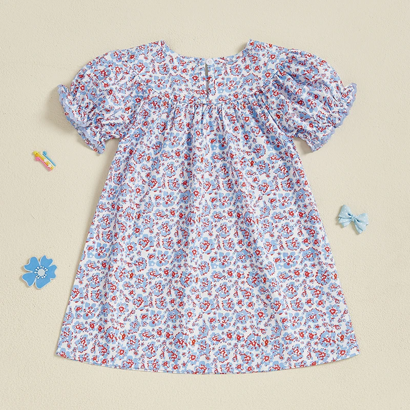 Girls Short Sleeve Crew Neck Floral Print Summer Dress Embroidered Casual Dress for Kids Cute Flower Patterned Clothing 3