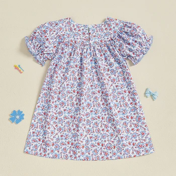 Girls Short Sleeve Crew Neck Floral Print Summer Dress Embroidered Casual Dress for Kids Cute Flower Patterned Clothing 3