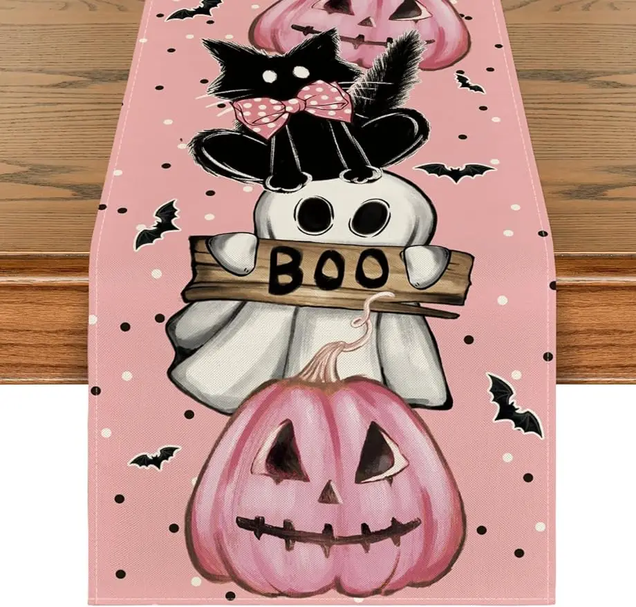 

Pink Polka Dot Ghost Pumpkin Cat Boo Halloween Table Runner Bat Seasonal Fall Kitchen Dining Table Decoration Home Party Decor