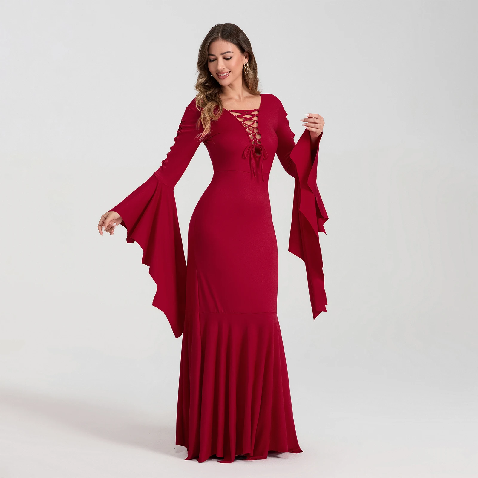 Women Halloween Vampire Cosplay Costumes Cut-out Cross Lacing Long Sleeves Bodycon Floor Dress Gothic Cosplay Outfits