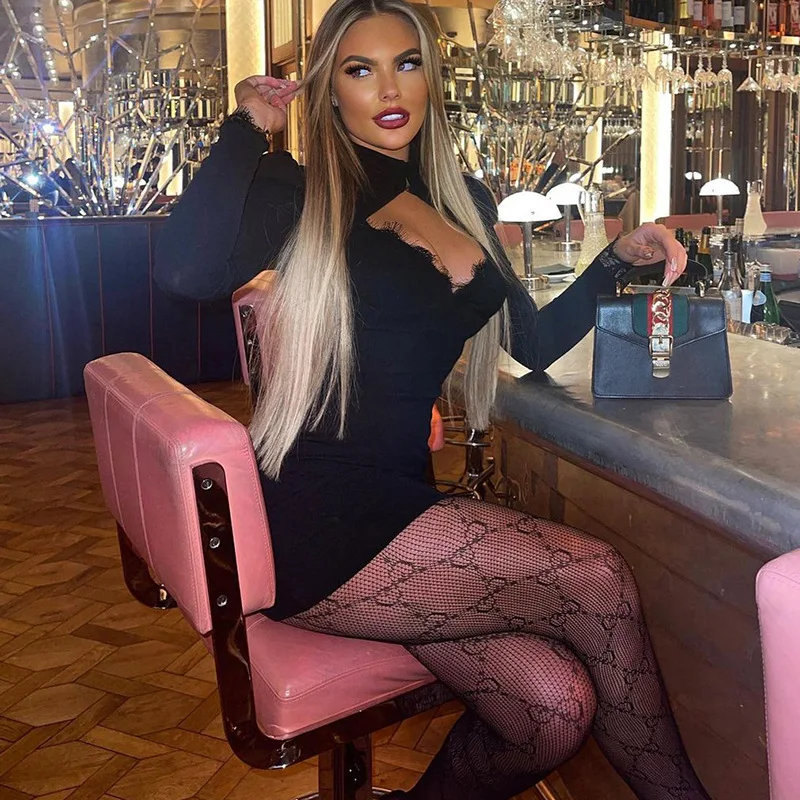 Solid Lace Turtleneck Long Puff Sleeves Hollow Out Mini Dress 2023 Fashion Women Elegant Streetwear Vestido Lace Vintage Y2k