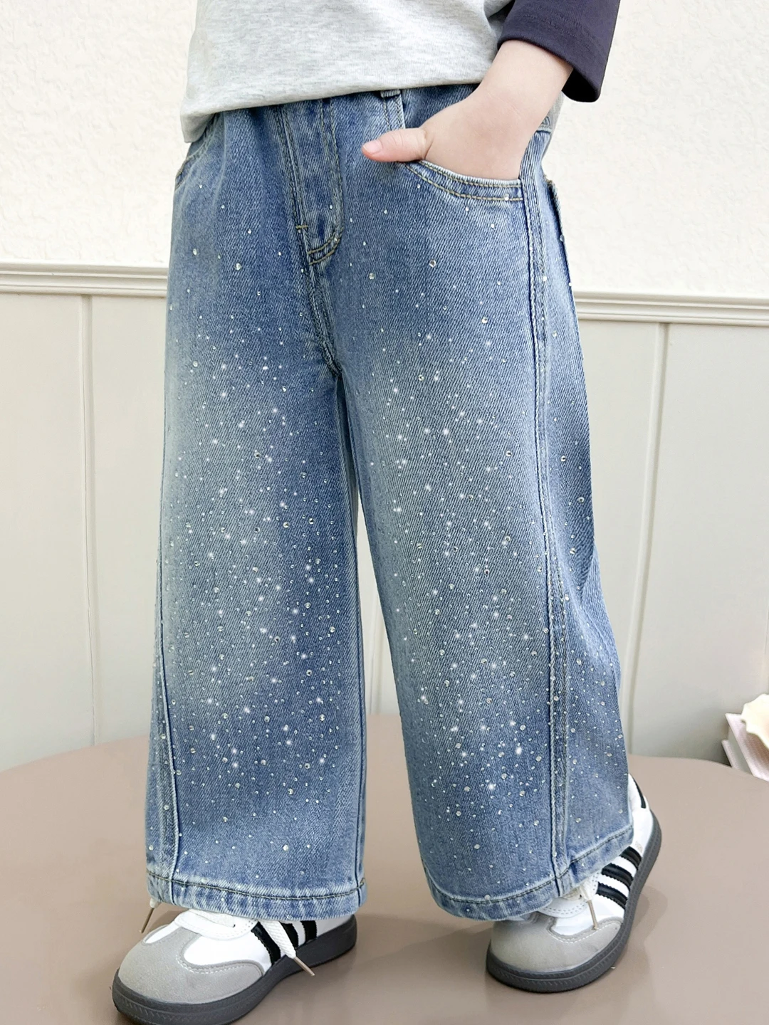 봄 가을 어린이 데님 바지 와이드 레그 소녀 어린이 유행 다이아몬드 장식 느슨한 스트레이트 레그 베이비 바지